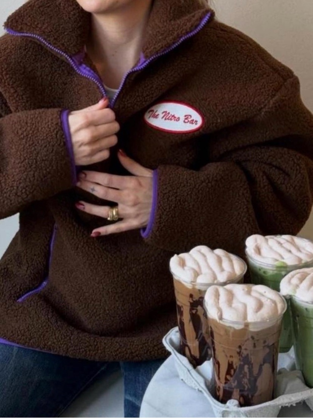 Plush Brown Teddy Jacket with Purple Trim